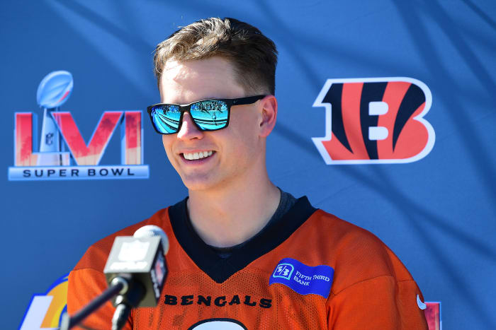 Feb 11, 2022; Los Angeles, CA, USA; Cincinnati Bengals quarterback Joe Burrow (9) speaks during media availabilty for Super Bowl LVI at Drake Stadium. Mandatory Credit: Gary A. Vasquez-USA TODAY Sports